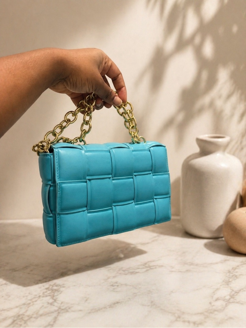 Turquoise Woven Leather Chain Shoulder Bag